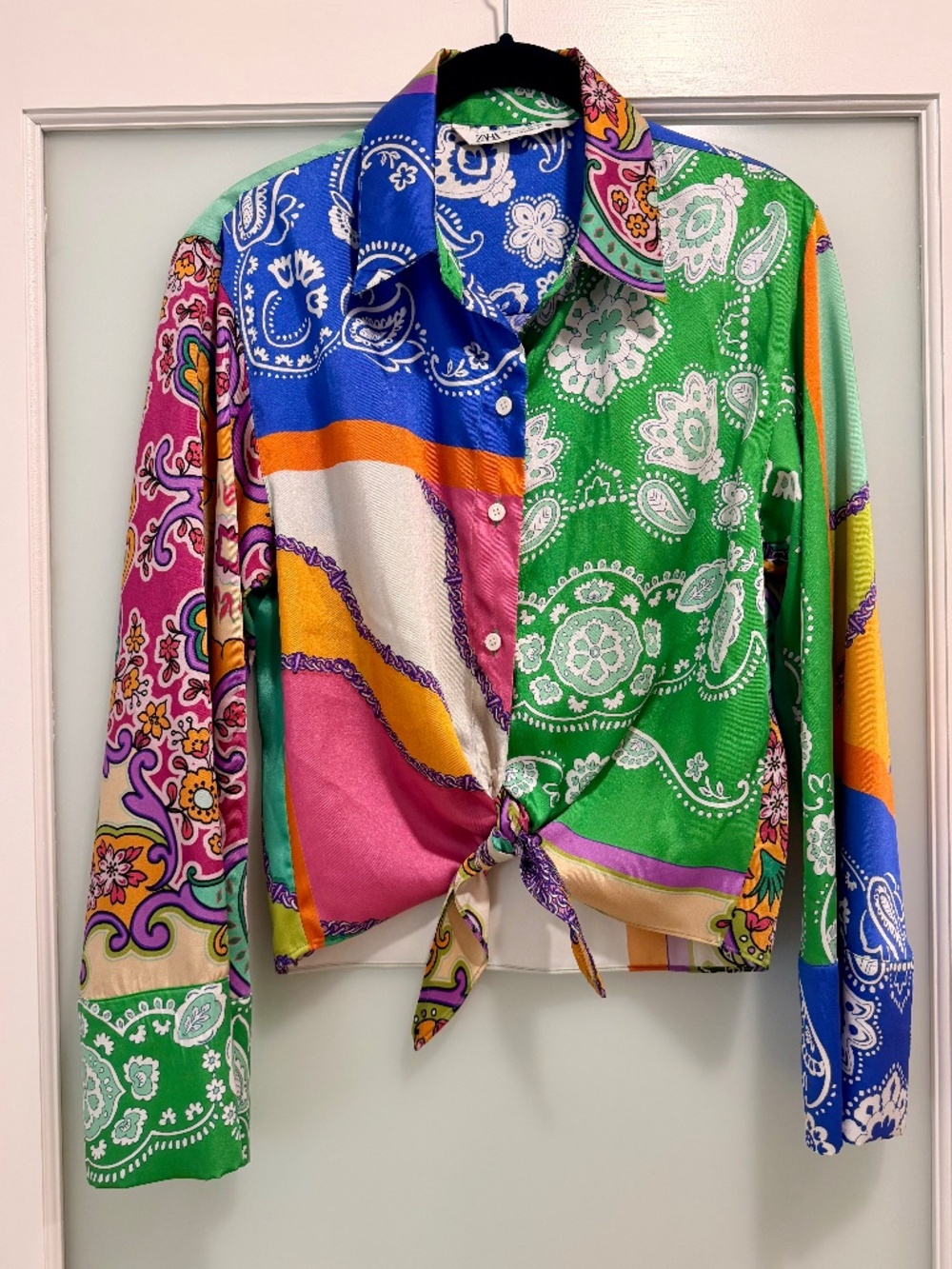 NWOT ZARA Satin Tie-Front Patchwork Scarf Print Floral Paisley Blouse Sz S